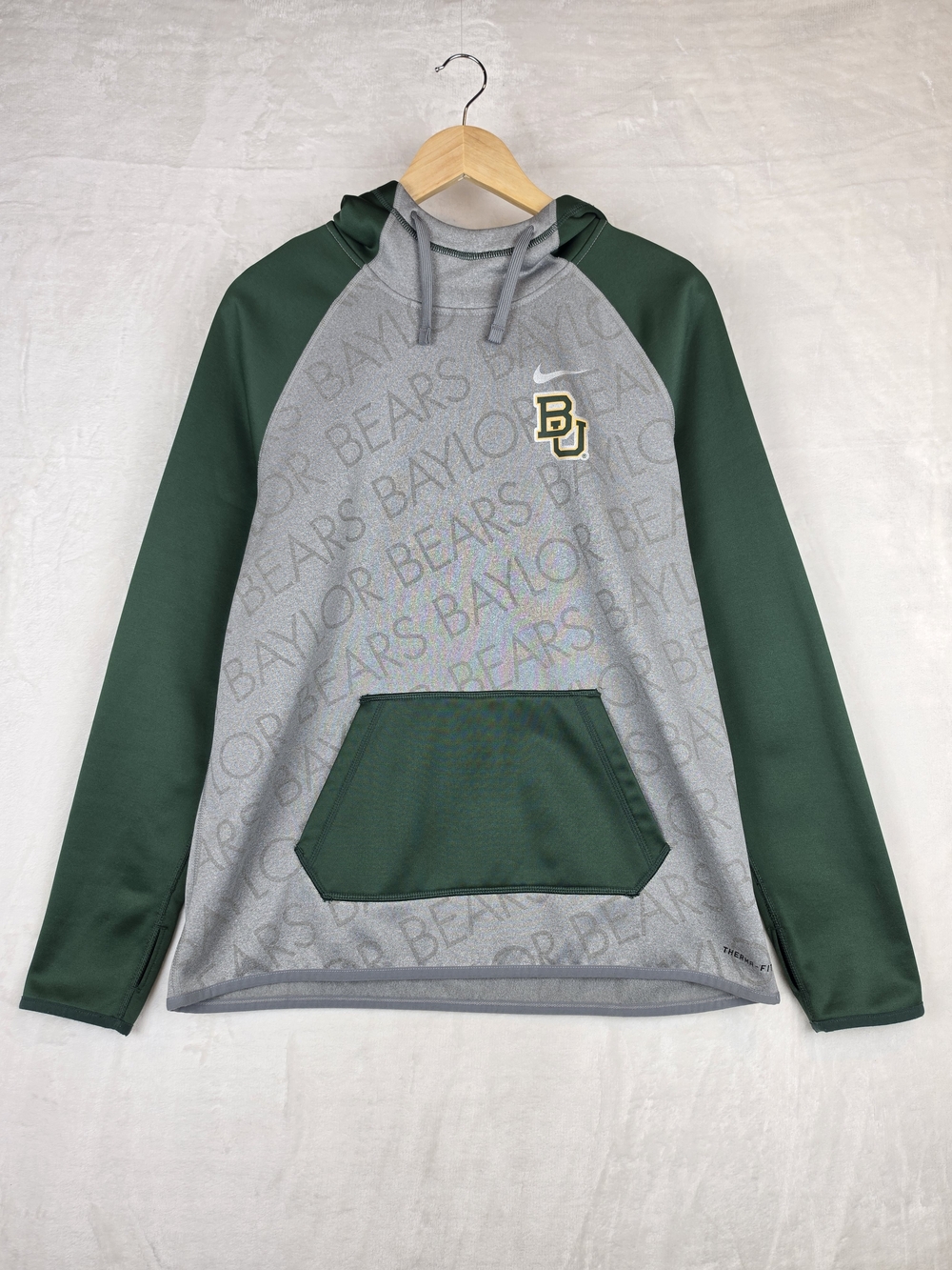 Nike Therma-Fit Baylor Bears Hoodie Womens L Gray Green Tonal Print Pullover